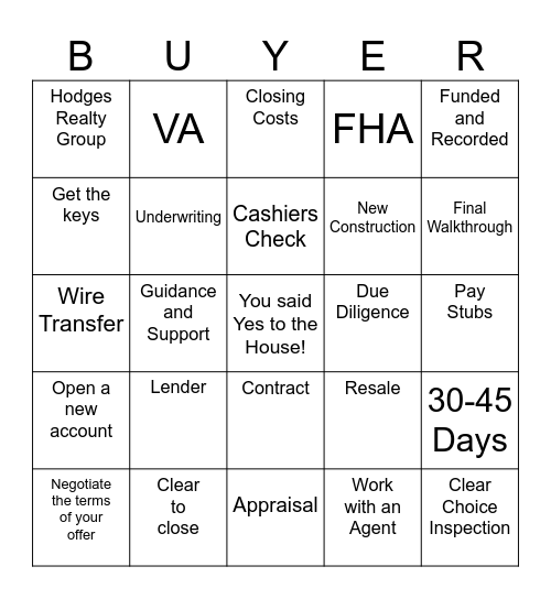 Welcome Home! Bingo Card