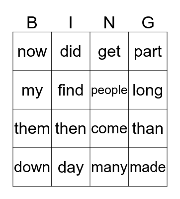 Word Wall 2 Set 4 Bingo Card