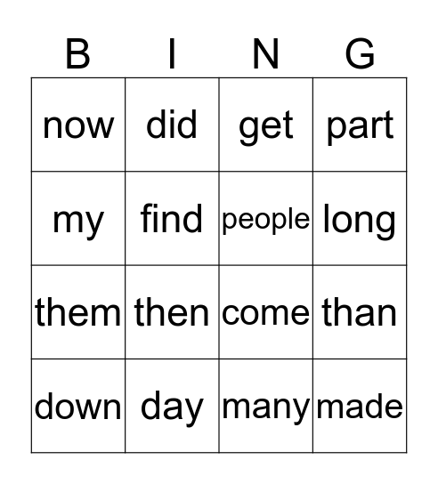 Word Wall 2 Set 4 Bingo Card