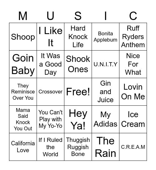 Honoring Hip Hop Bingo Card