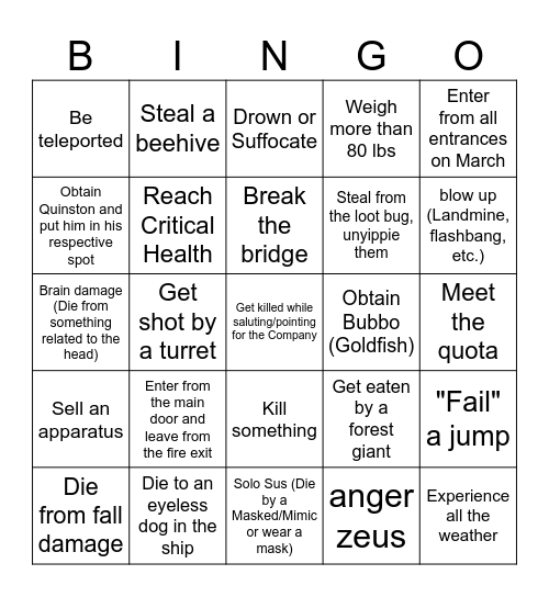 Lethal Company Bingo Card