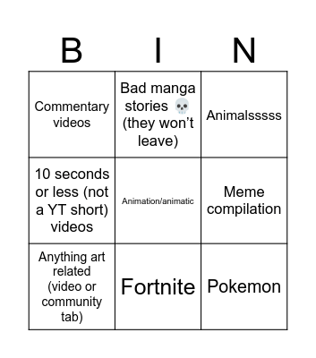 My YouTube fyp Bingo Card