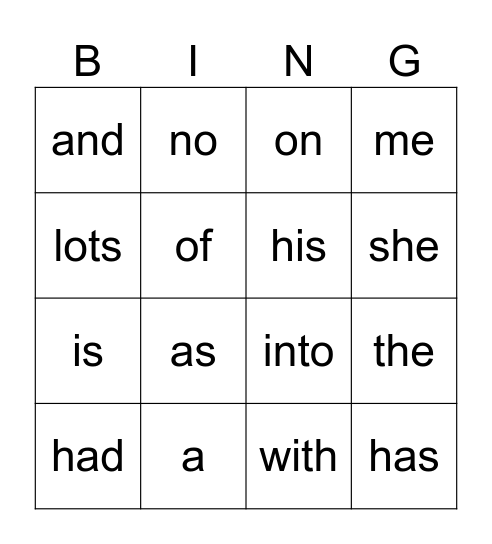 DRA Level ONE Sight Words Bingo Card