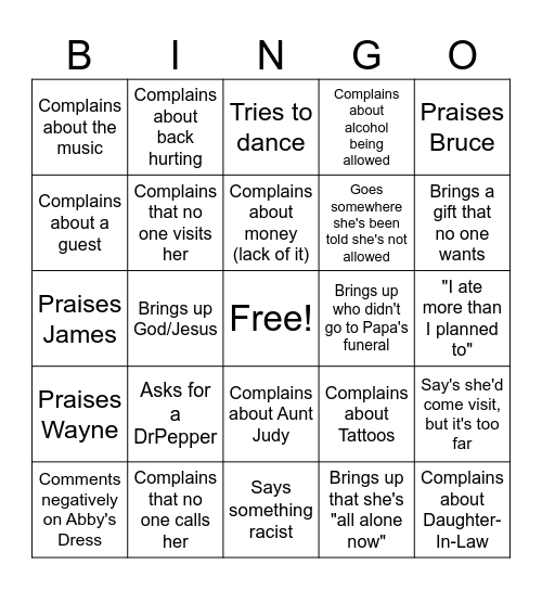 Nanny Edition Bingo Card