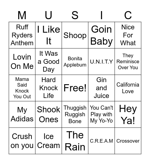 Honoring Hip Hop Bingo Card