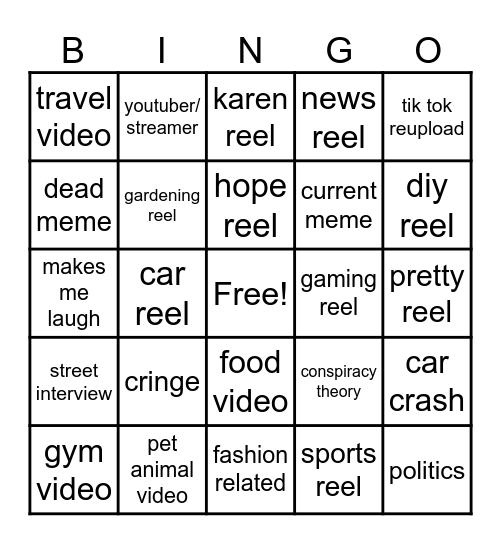 Instagram reel bingo Card