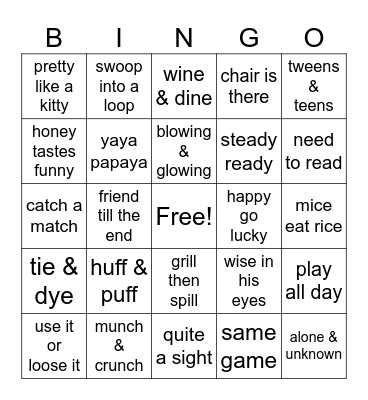 rhyme time phrases Bingo Card