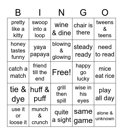 rhyme time phrases Bingo Card