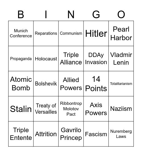 World Wars Bingo Card