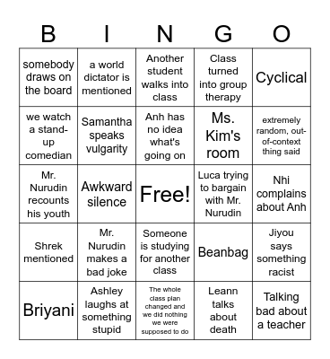 english class bingo Card