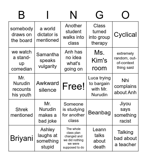 english class bingo Card