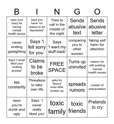 Abusive Ex Boyfriend Bingo Card