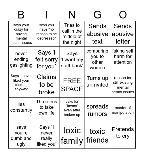 Abusive Ex Boyfriend Bingo Card