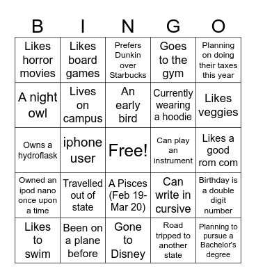 Get to know people! Bingo Card