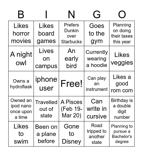 Get to know people! Bingo Card