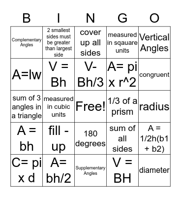 Geometry Formula Bingo Card