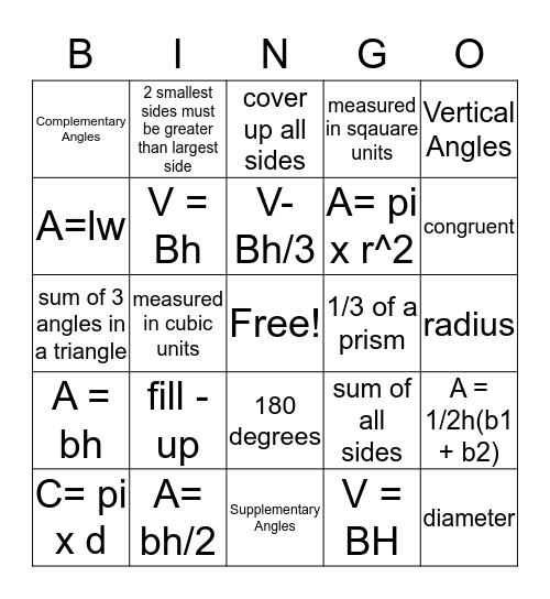 Geometry Formula Bingo Card
