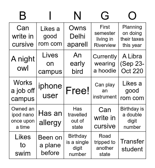 Get to know people! Bingo Card