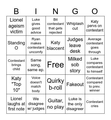 American Idol Auditions Bingo Card
