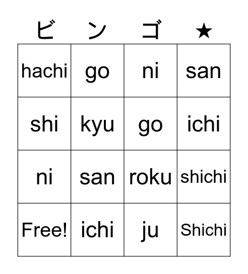 Japanese Number Bingo Card