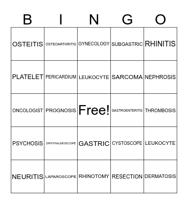 MEDICAL TERMINOLOGY Bingo Card