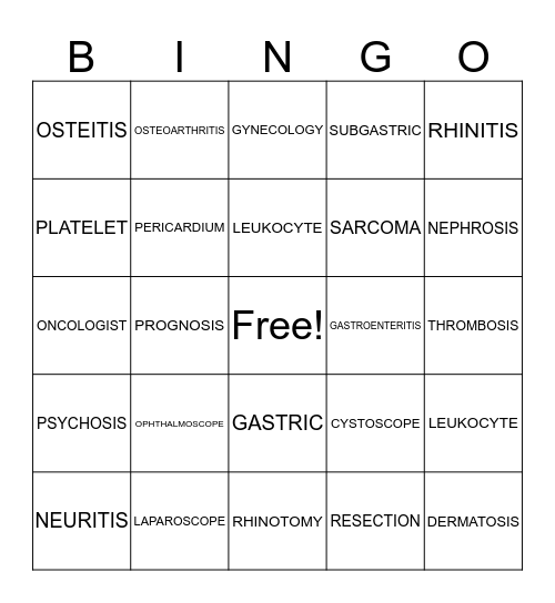 MEDICAL TERMINOLOGY Bingo Card