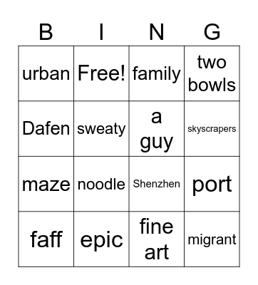 Shenzhen Vlog Bingo Card