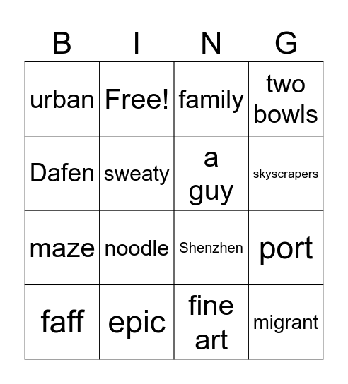 Shenzhen Vlog Bingo Card