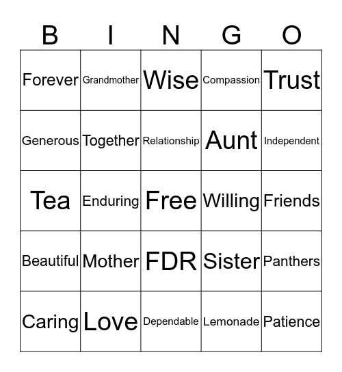 FDR Mother-Daughter Tea 2016 Bingo Card