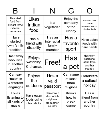 Cultural Bingo Card