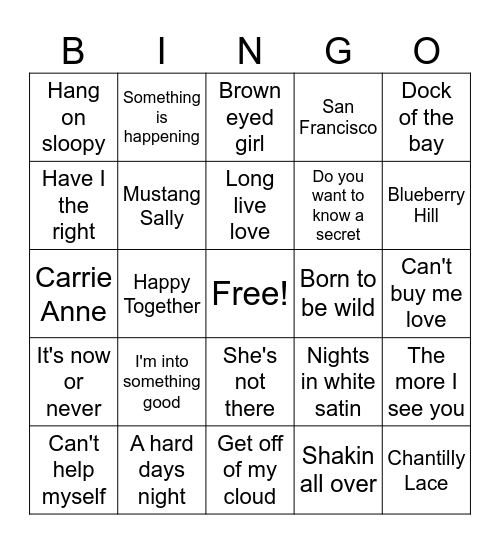 Rock n Roll Bingo Card