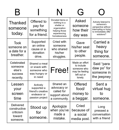 Empathy and Compassion Bingo Card