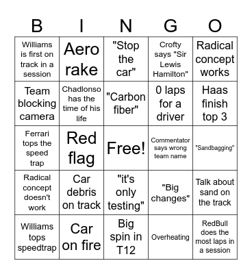F1 Testing 2024 Bingo Card