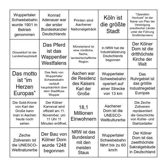 Bundesland Nordrhein-Westfalen Bingo Card