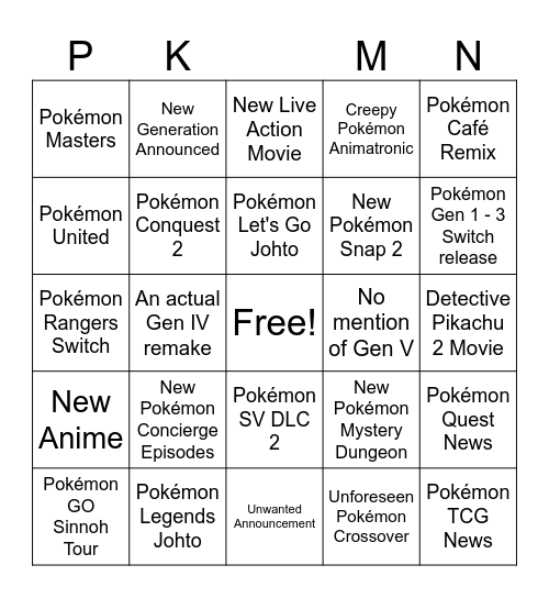 Pokémon Presents 2024 Bingo Card