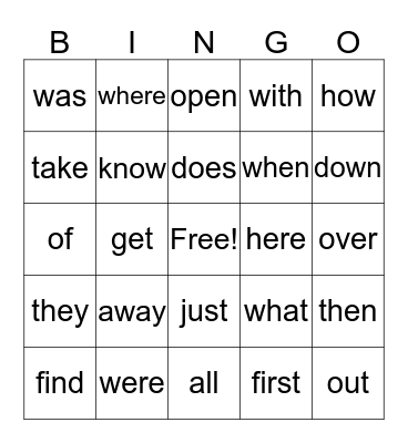 1st Grade Bingo Card