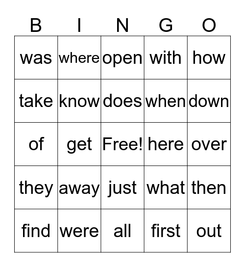 1st Grade Bingo Card