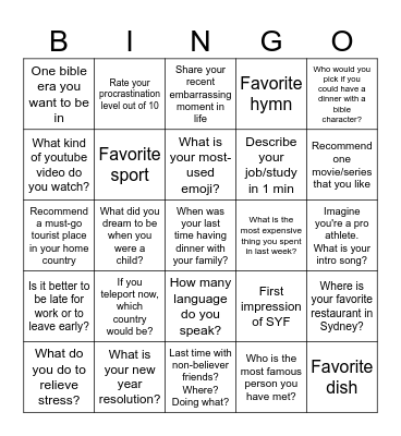 SYF Bingo Card