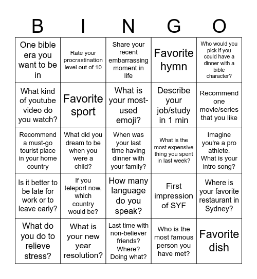 SYF Bingo Card