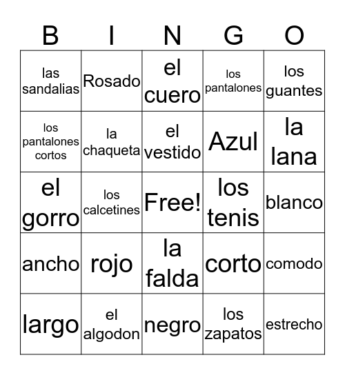 La Ropa Bingo Card