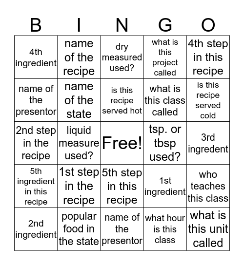 Food Demo Bingo!  Bingo Card