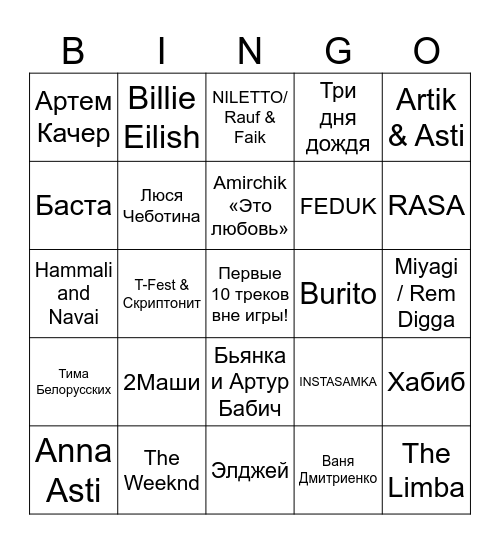 Музыкальное бинго! Bingo Card