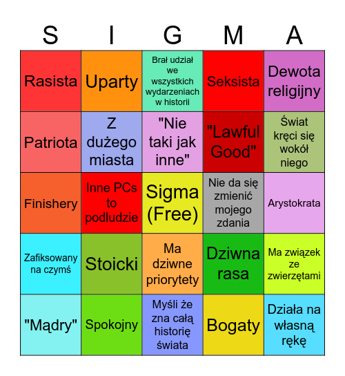 Postac bingo Card