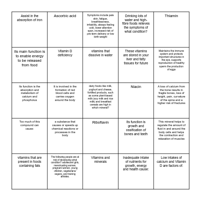 Nutrients Bingo Card