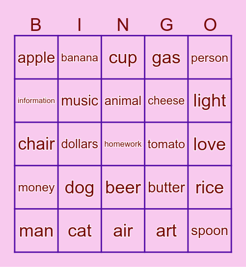 Grade 4 Count and noncount nouns Bingo Card