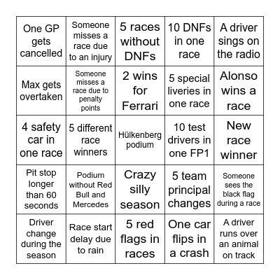 F1 Bingo Card