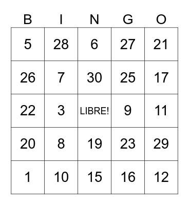 Los numeros 1-31 Bingo Card