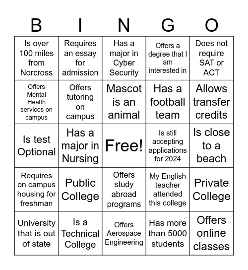 College Fair Bingo - 9th Graders Bingo Card
