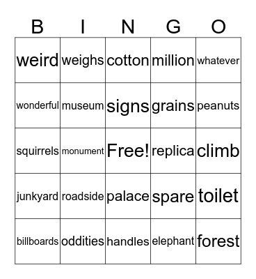 Roadside Oddities Bingo Card