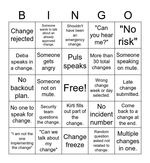 Change Management Bingo Card